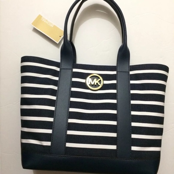 MICHAEL KORS MK Fulton Navy Striped Canvas Tote - Picture 2 of 9